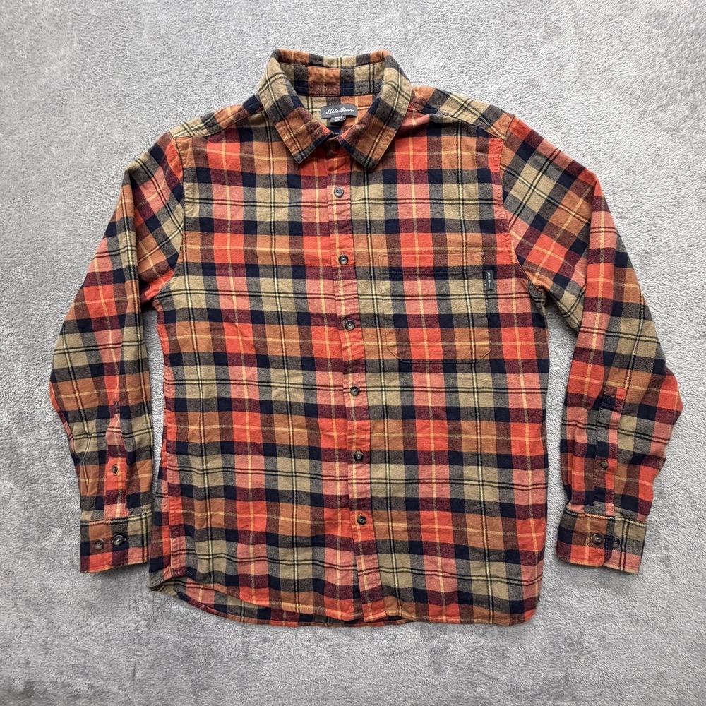 Eddie Bauer Shirt Mens M Orange Plaid Flannel‎ Button Up Long Sleeve Casual